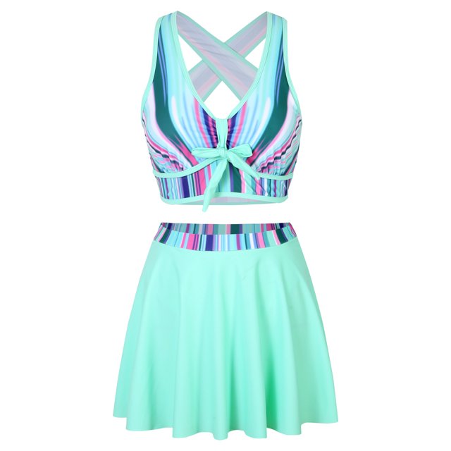 Women Stripe Dot Skirt Swimsuit Backless Tankini Bikinis Set 2024