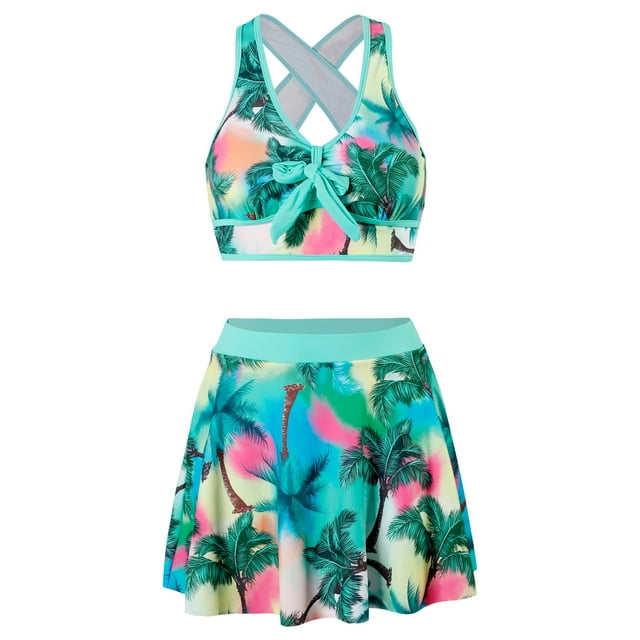 Women Stripe Dot Skirt Swimsuit Backless Tankini Bikinis Set 2024