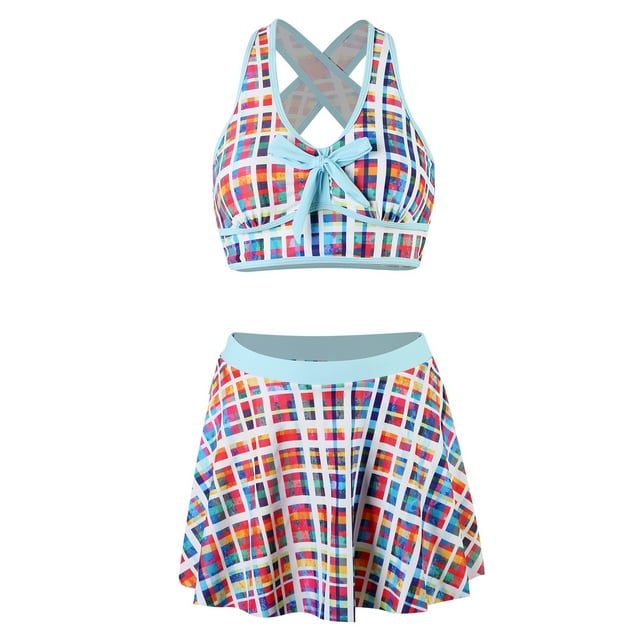 Women Stripe Dot Skirt Swimsuit Backless Tankini Bikinis Set 2024