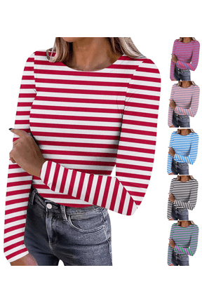 Women Stripe Shirts Ribbed Knit Slim Fit Tops Long Sleeve Basic Tee Casual Stretch Crewneck Blouses Underscrubs Layer Clothes,Red,M