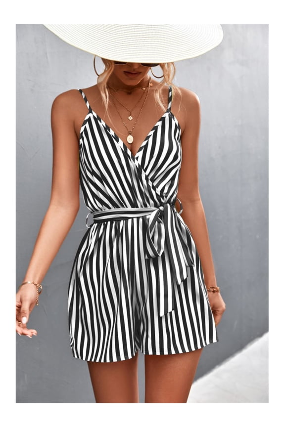 Women Stripe Spaghetti Strap Jumpsuit Loose V-Neck Romper Shorts