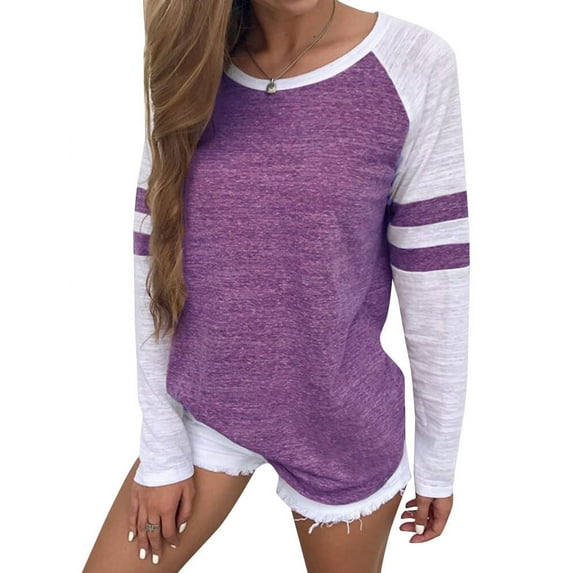 Women Stripe Splice Long Sleeve Crew Neck Shirt