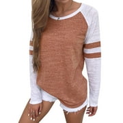 Women Stripe Splice Long Sleeve Crew Neck Shirt