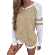 Women Stripe Splice Long Sleeve Crew Neck Shirt
