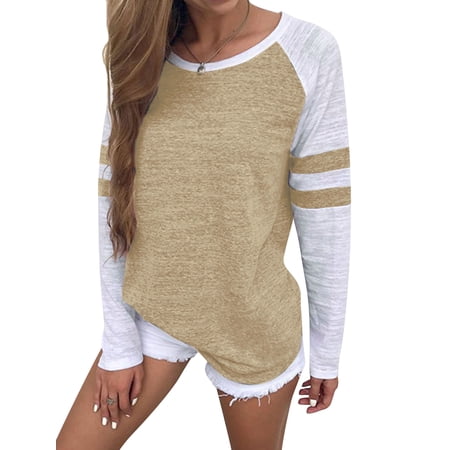 Women Stripe Splice Long Sleeve Crew Neck Shirt