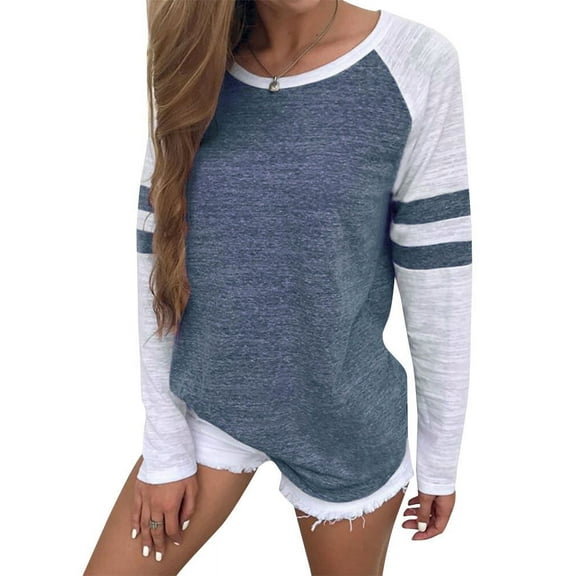 Women Stripe Splice Long Sleeve Crew Neck Shirt