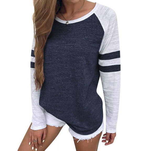 Women Stripe Splice Long Sleeve Crew Neck Shirt