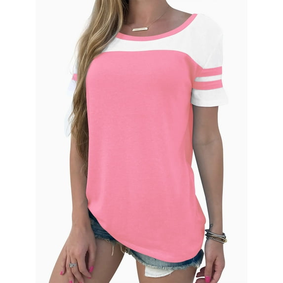 Women Stripe Splice Short Sleeve Crew Neck Shirt