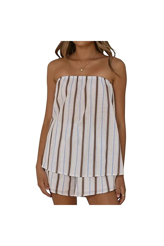 Women Striped 2 Piece Outfits Strapless Tube Tops Short Set Summer Vacation Y2k Sleeveless Backless Matching Sets Brown L