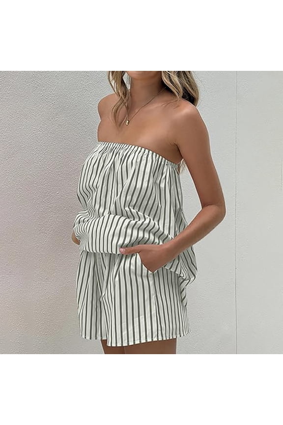 Women Striped 2 Piece Outfits Strapless Tube Tops Short Set Summer Vacation Y2k Sleeveless Backless Matching Sets Gray S