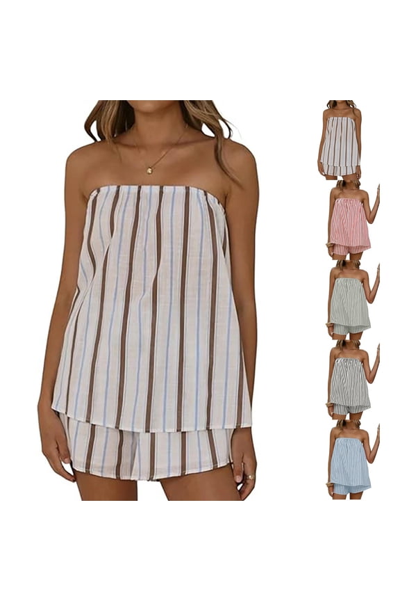 Women Striped 2 Piece Outfits Strapless Tube Tops Short Set Summer Vacation Y2k Sleeveless Backless Matching Sets