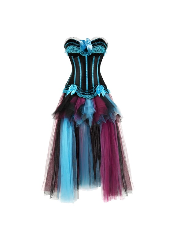 Women Striped Boned Bustiers Corset with Long Tutu Skirt Rockabilly Party Set Turquoise L
