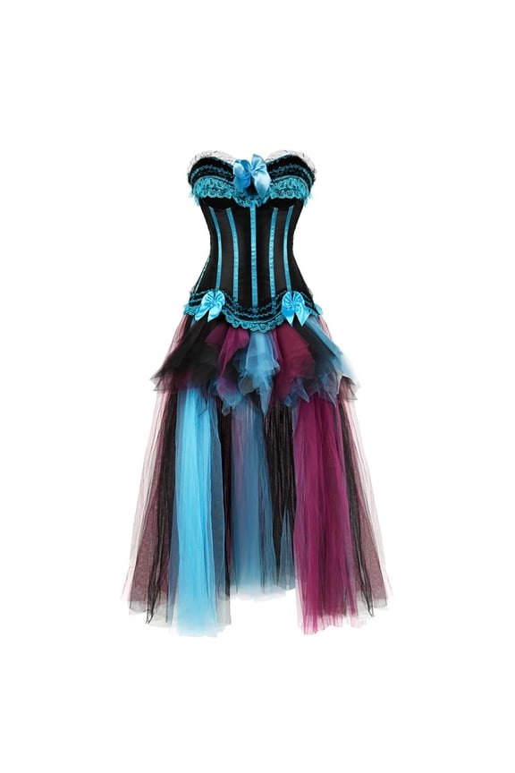 Women Striped Boned Bustiers Corset with Long Tutu Skirt Rockabilly Party Set Turquoise S
