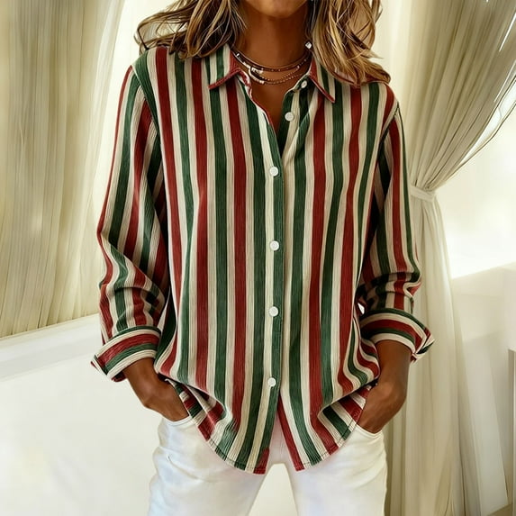Women Striped Button Shirt Fall Winter Corduroy Vintage Shirts Jackets Long Sleeve Lapel Shacket Christmas Blouse Coats Green XL