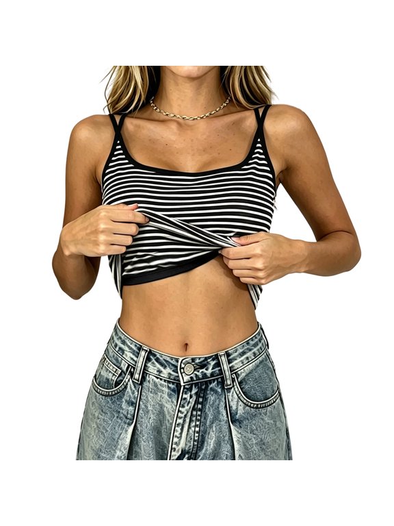 Women Striped Camisole with Built in Bra, Spaghetti Strap Sleeveless Padded Tank Top, Fashion Backless Outdoor Undershirts