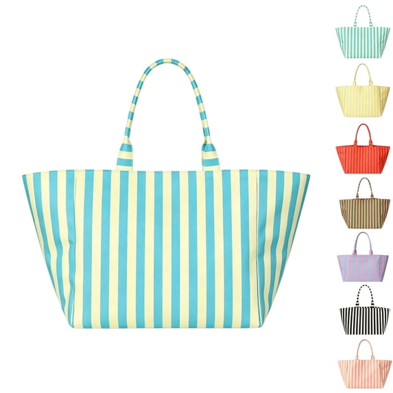 Women Striped Canvas Tote Bag, Large Capacity Beach Handbag, Casual Shoulder Shopping Bag