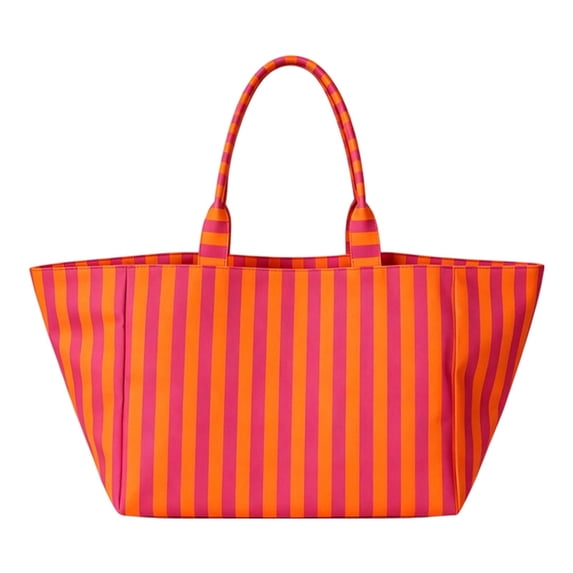 Women Striped Canvas Tote Bag, Large Capacity Beach Handbag, Casual Shoulder Shopping Bag
