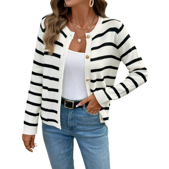 Women Striped Cardigan Sweaters Button Down Cropped Knit Lady Jackets Coat Fall Outfits Trendy Cardigan Black & White L