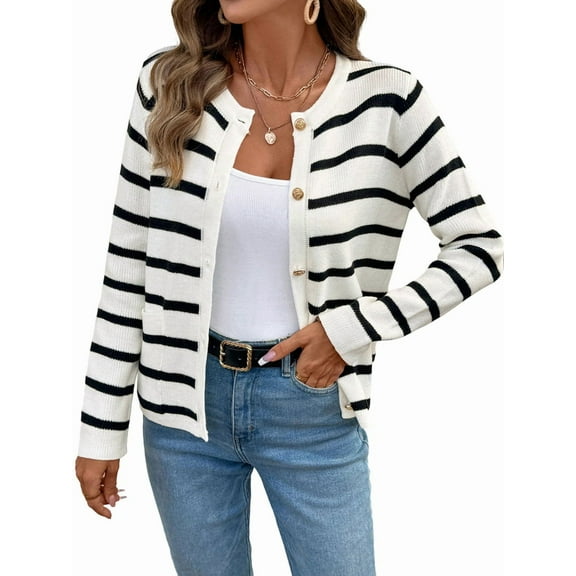 Women Striped Cardigan Sweaters Button Down Cropped Knit Lady Jackets Coat Fall Outfits Trendy Cardigan Black & White M