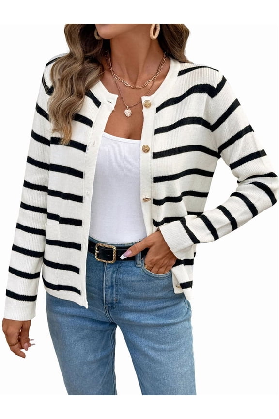 Women Striped Cardigan Sweaters Button Down Cropped Knit Lady Jackets Coat Fall Outfits Trendy Cardigan Black & White M