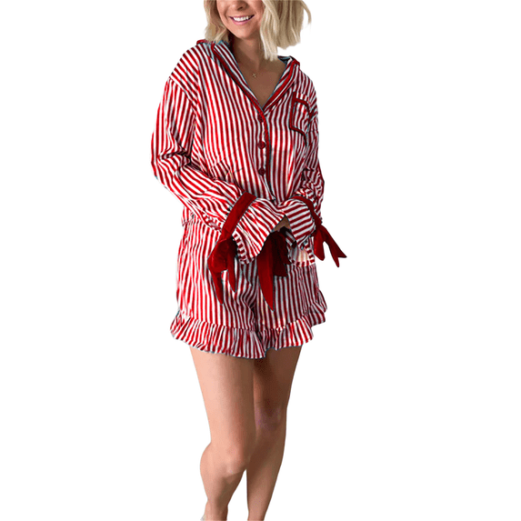 Women Striped Christmas Pajamas Set Bow Tie Long Sleeve Lapel Tops Shorts 2 Pcs Pjs Sleepwear
