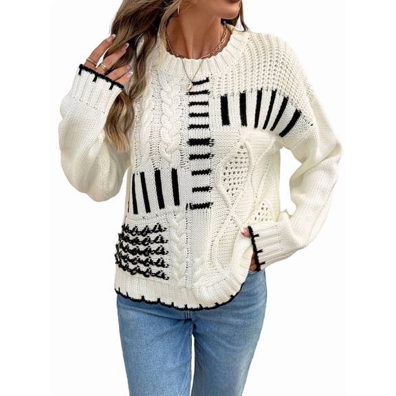Women Striped Color Block Cable Knit Casual Loose Fit Crewneck Long Sleeve Drop Shoulder Fall Sweaters Cream White L