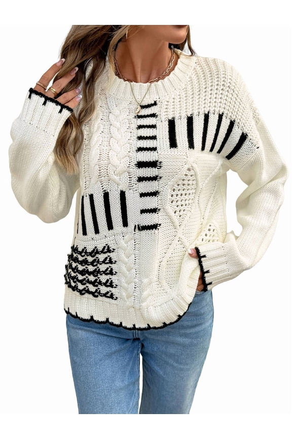 Women Striped Color Block Cable Knit Casual Loose Fit Crewneck Long Sleeve Drop Shoulder Fall Sweaters Cream White M