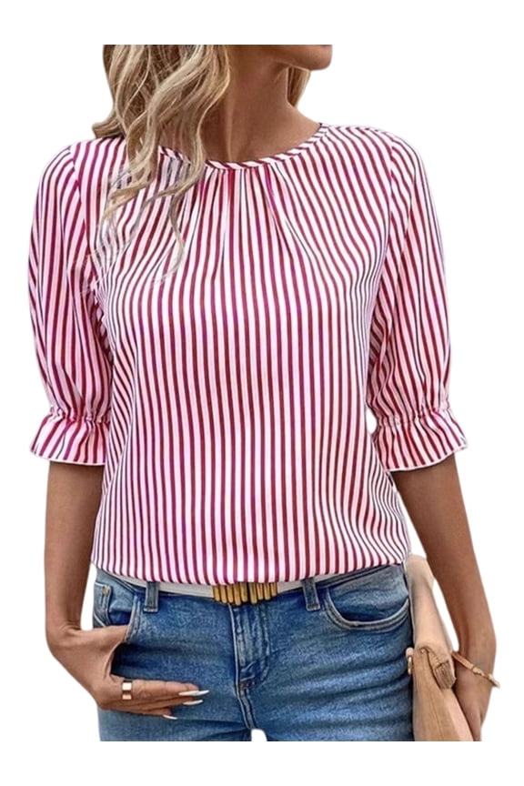 Women Striped Crew Neck Blouse Back Button Ruffle Sleeve Casual Workwear Tops Red XXL