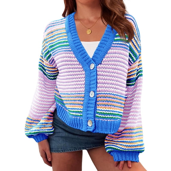 Women Striped Cropped Cardigan V‑Neck Button Down Long Sleeve Knit Sweater