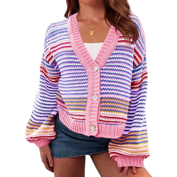 Women Striped Cropped Cardigan V‑Neck Button Down Long Sleeve Knit Sweater