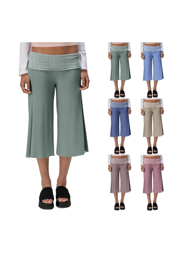Women Striped Fold Over Waist Culottes Low Rise Wide Leg Flowy Cropped Gaucho Capri Pants Casual Yoga Lounge Summer Bottoms Green M