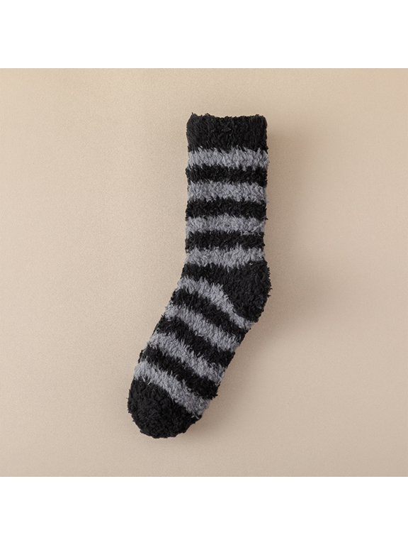 Women Striped Fuzzy Mid Calf Socks Thick Warm Non Slip Cozy Indoor Sleeping Floor Socks Black One Size