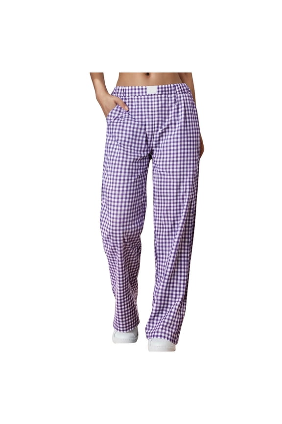Women Striped Gingham Wide Leg Pants Casual Lounge PJ Bottoms Comfy Cute Y2K Plaid Pants with Pockets