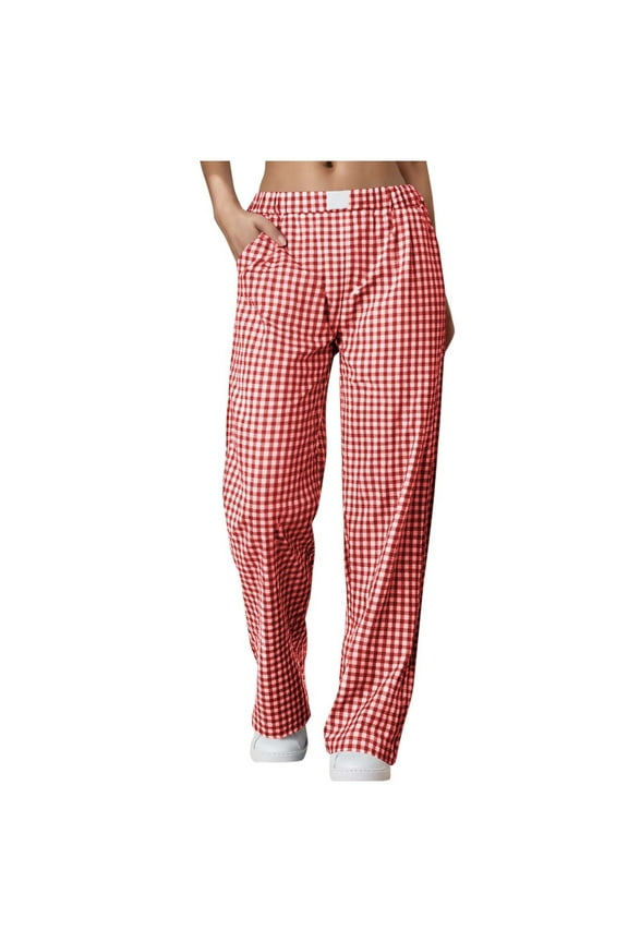 Women Striped Gingham Wide Leg Pants Casual Lounge PJ Bottoms Comfy Cute Y2K Plaid Pants with Pockets