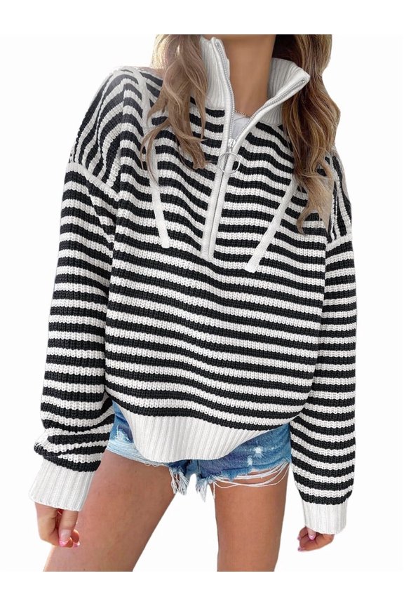 Women Striped Half Zip Long Sleeve Ribbed Knit Pullover Comfy Casual Light-Weight Tops Fall Fashion Black L