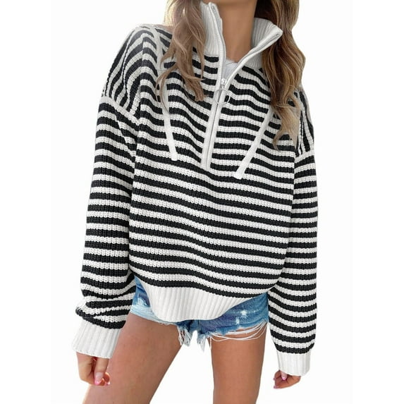 Women Striped Half Zip Long Sleeve Ribbed Knit Pullover Comfy Casual Light-Weight Tops Fall Fashion Black M