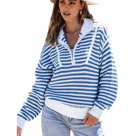 Women Striped Half Zip Long Sleeve Ribbed Knit Pullover Comfy Casual Light-Weight Tops Fall Fashion Blue L