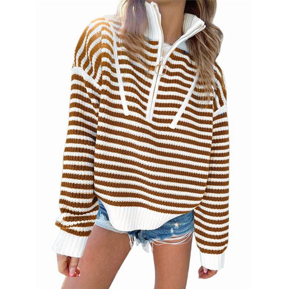 Women Striped Half Zip Long Sleeve Ribbed Knit Pullover Comfy Casual Light-Weight Tops Fall Fashion Brown L