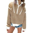 thumbnail image 1 of Women Striped Half Zip Long Sleeve Ribbed Knit Pullover Comfy Casual Light-Weight Tops Fall Fashion Brown S, 1 of 6