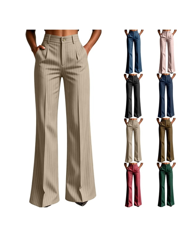Women Striped High Waist Flared Suit Pants, Side Pocket Full Length Wide Bootcut Trousers Business office Commute Spring Fall Elegant Bottoms Beige XL(XL)