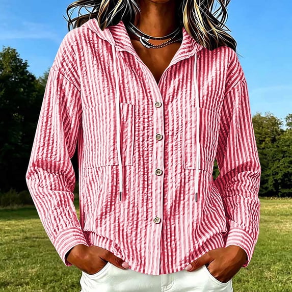 Women Striped Hooded Shirt Jacket Textured Button Long Sleeve Lightweight Breathable Daily Sun Blouse Tops for Travel Red Raincoat Jacket Lady L
