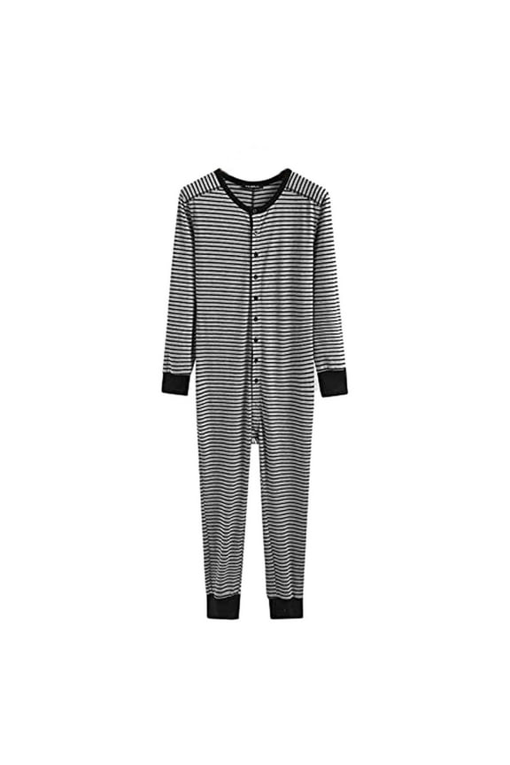 Women Striped Jumpsuit Pajama Long Sleeve Button Romper Sleepwear Lightweight Stretch Homewear (Large, Gray)