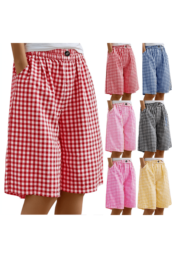 Women Striped Knee Length Bermuda Shorts Baggy Pajama Lounge Shorts Resort Plaid PJ Bottoms Cute with Pockets, XL