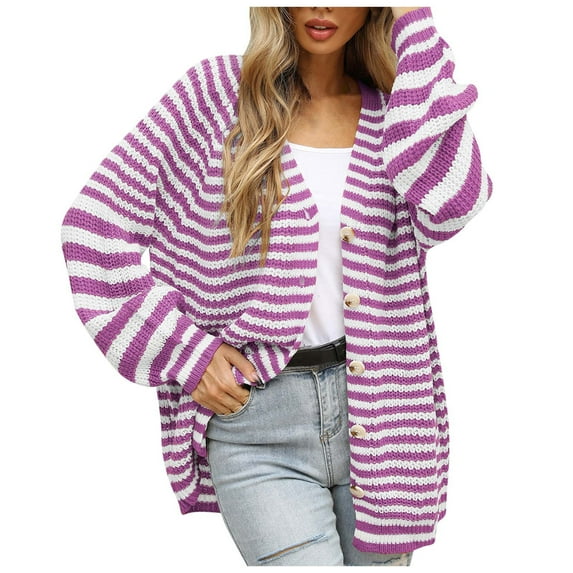 Women Striped Knitted Cardigan Sweaters Long Sleeve V Neck Button Down Trendy Sweaters Tops Outwear for Women