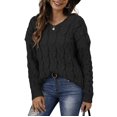thumbnail image 1 of Women Striped Knitted Sweater with Hooded V-Neck Long Sleeve Casual Pullover Lady Loose Fit Warm Jumper Top Black S, 1 of 9