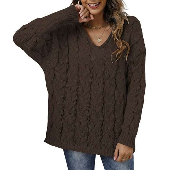 Women Striped Knitted Sweater with Hooded V-Neck Long Sleeve Casual Pullover Lady Loose Fit Warm Jumper Top Brown M