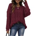 thumbnail image 1 of Women Striped Knitted Sweater with Hooded V-Neck Long Sleeve Casual Pullover Lady Loose Fit Warm Jumper Top Wine Red M, 1 of 9