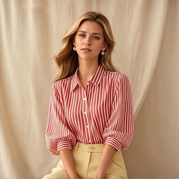 Women Striped Lapel Blouse, Loose‑Fit 3/4 Puff‑Sleeve Elegant Commuter Tops
