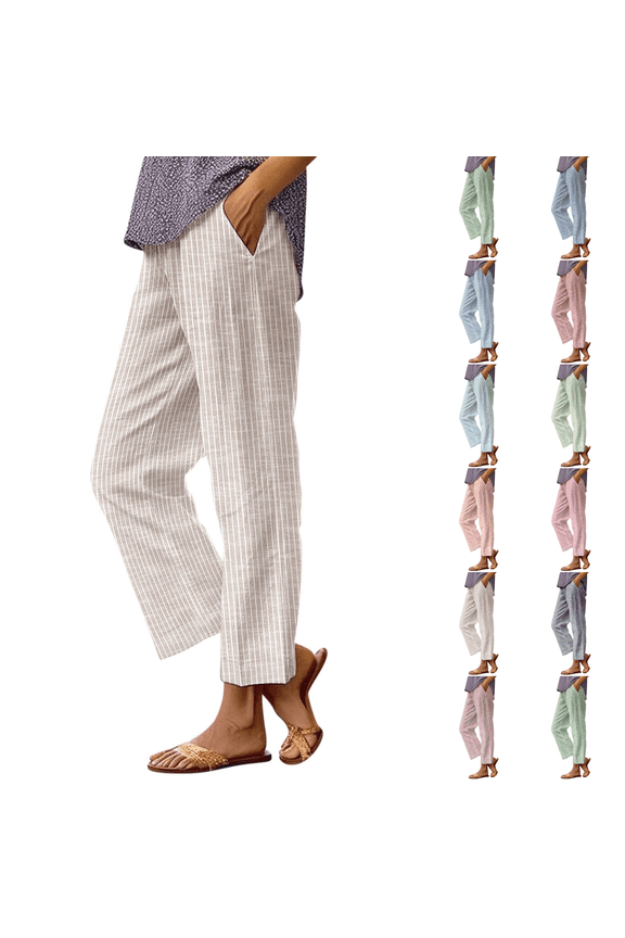 Women Striped Linen Pants Summer Elastic Waist Wide Leg Linen Pants Petite Pull on Boho Beach Palazzo Pant Vacation Cropped Pant Khaki S