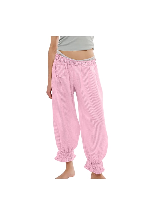 Women Striped Long Bloomer Pants Low Rise Elastic Waist Harem Slacks Casual Going Out Trousers with Pockets